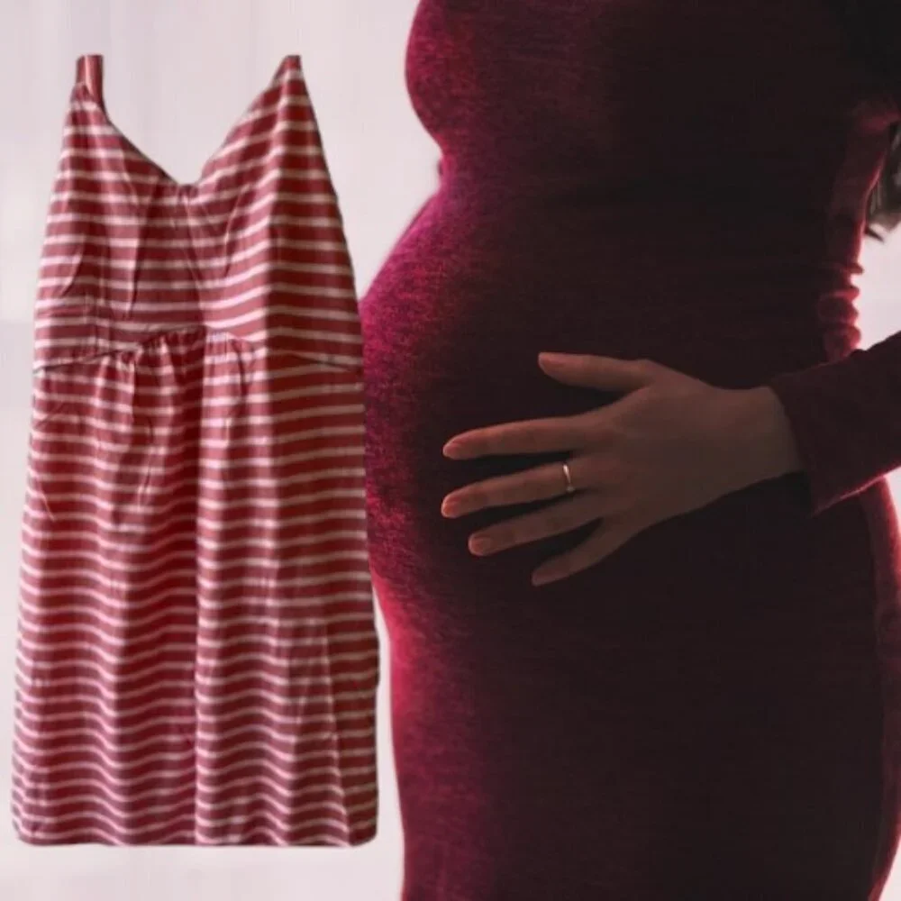 old navy pregnancy dresses Maternity V-neck Knit Black Dress Bellies to Bellies slit neck sleeveless ruched sides shirred skirt fitted at top with a full skirt hits at calf model is approx Old Navy Maternity Dress